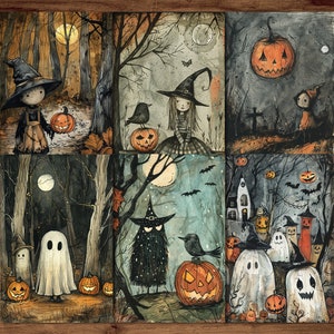 Postales lindas de Halloween | 6 Tarjetas Divertidas Imprimibles Descarga Digital | Hojas de saludos caprichosos | Conjunto de postales de Halloween