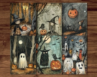 Cute Halloween Postcards | 6 Printable Funny Cards Digital Download | Whimsical Greetings Sheets | Halloween Postcards Set