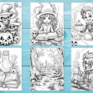 May include: A set of six black and white coloring pages featuring Halloween themes. The pages include a witch with a book, a graveyard, a skeleton with pumpkins, a potion bottle with a book, a vampire, and a scientist with potion bottles.