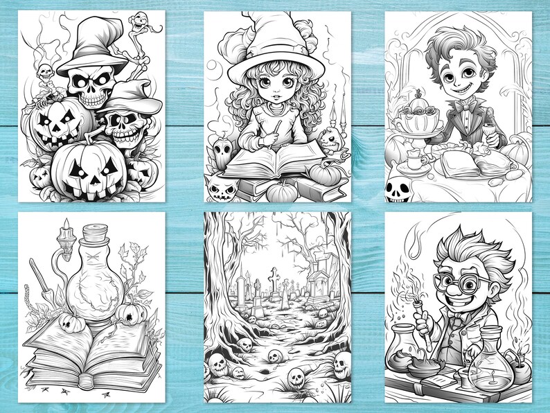 May include: A set of six black and white coloring pages featuring Halloween themes. The pages include a witch with a book, a graveyard, a skeleton with pumpkins, a potion bottle with a book, a vampire, and a scientist with potion bottles.