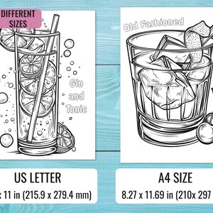 May include: Black and white line art prints of cocktails, including a Gin and Tonic and an Old Fashioned. The Gin and Tonic features lemon slices, and the Old Fashioned has cherries. The prints are available in US Letter and A4 sizes.
