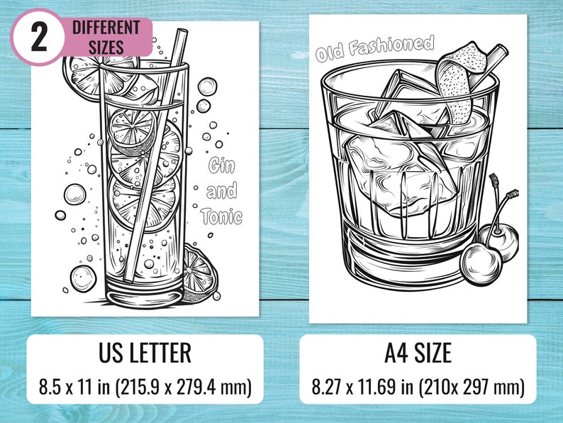 May include: Black and white line art prints of cocktails, including a Gin and Tonic and an Old Fashioned. The Gin and Tonic features lemon slices, and the Old Fashioned has cherries. The prints are available in US Letter and A4 sizes.