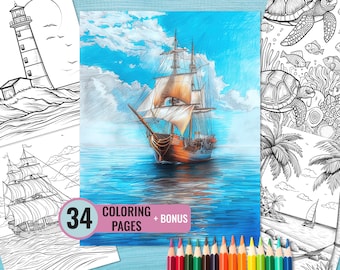 May include: A coloring book with 34 pages featuring a sailboat on the ocean, a lighthouse, and a tropical scene. The book includes a bonus page with colored pencils.