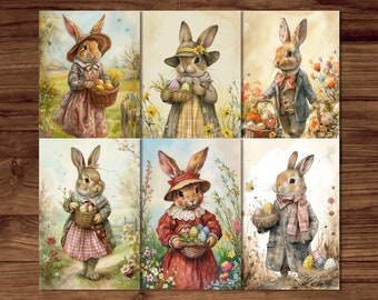 Osterpostkarten, 6 druckbare Karten, digitaler Download, Postkartenbögen im Beatrix Potter-Stil, Osterhasen-Grußkarten-Set