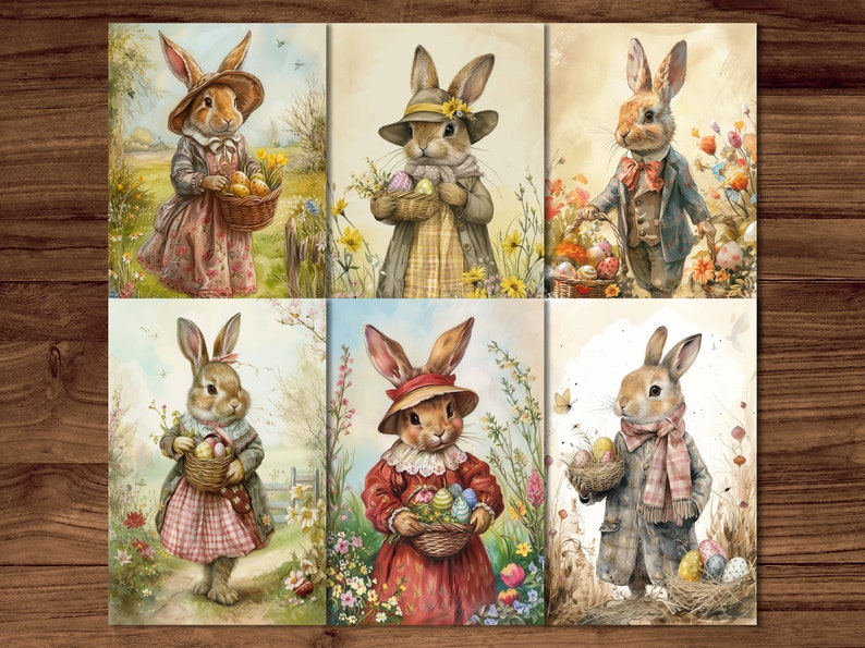 Easter Postcards, 6 Printable Cards Digital Download, Beatrix Potter Style Postcards Sheets, Easter Bunny Greeting Cards Set zdjęcie 1