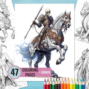 Fantasy Creature Coloring Book, 47 Printable Mythical Creatures Coloring Pages for Adults, Grayscale Coloring Page, Instant Download
