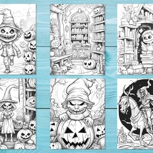 May include: A set of six black and white illustrations featuring spooky Halloween characters. The illustrations include a witch, a skeleton, a ghoul, and a pumpkin.