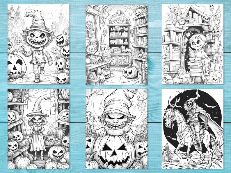 May include: A set of six black and white illustrations featuring spooky Halloween characters. The illustrations include a witch, a skeleton, a ghoul, and a pumpkin.