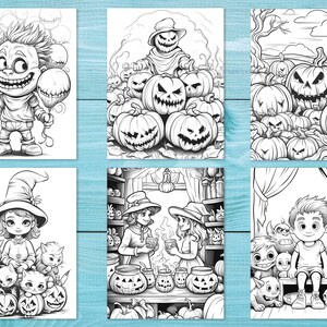 May include: A set of six black and white coloring pages featuring Halloween themes. The pages include a monster with balloons, a witch with cats, a scarecrow with pumpkins, a field of pumpkins, a group of monsters, and a boy with monsters.