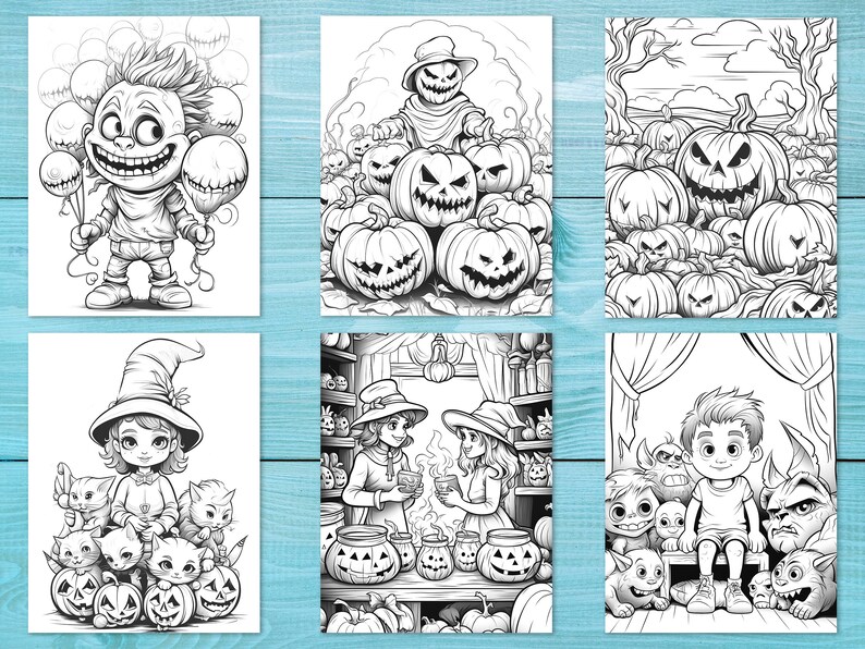 May include: A set of six black and white coloring pages featuring Halloween themes. The pages include a monster with balloons, a witch with cats, a scarecrow with pumpkins, a field of pumpkins, a group of monsters, and a boy with monsters.