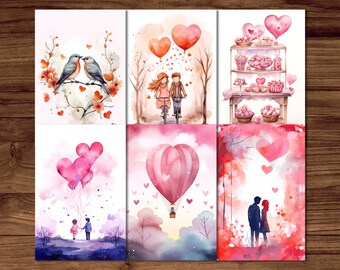 Valentines Day Postcards, 6 Printable Romantic Postcard Digital Download, Love Сards Sheets, Romance Postcards Set