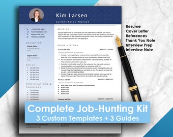 May include: A blue and white job hunting kit with the text "Complete Job-Hunting Kit" and "3 Custom Templates + 3 Guides". The kit includes a resume, cover letter, references, thank you note, interview prep, and interview note.