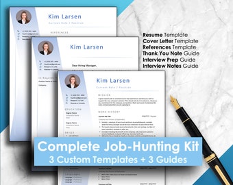 May include: A blue and white job hunting kit with three custom templates and three guides. The kit includes a resume template, cover letter template, references template, thank you note guide, interview prep guide, and interview notes guide.
