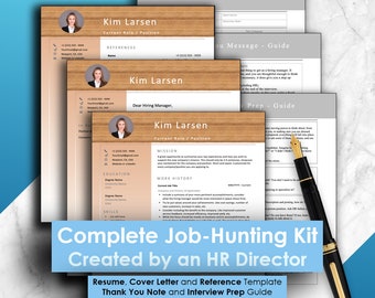May include: A job hunting kit for professionals. The kit includes a resume, cover letter, reference template, thank you note, interview prep guide, and interview notes sheet. The kit is designed to help job seekers stand out from the competition and land their dream job.