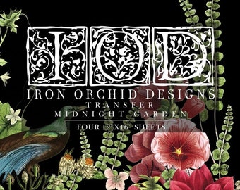 May include: Black background with floral design transfer sheets. The image features a variety of flowers in shades of red, pink, yellow, and white, along with a bird. Text reads "IRON ORCHID DESIGNS TRANSFER MIDNIGHT GARDEN FOUR 12"x16" SHEETS."
