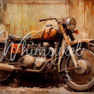 May include: A rusty, vintage motorcycle with a brown leather seat and a chrome headlight. The motorcycle is sitting on a dirt road with a weathered wall in the background.
