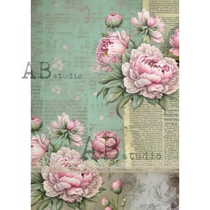 A4 Shabby Chic Roses and  Green Letters  1785, Decoupage Rice Paper, Mixed Media,Journals, Scrapbooking -Spring