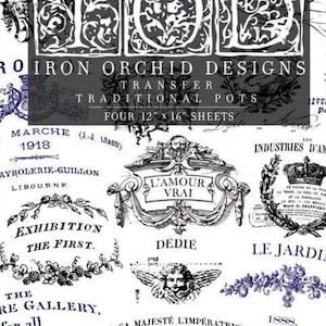 May include: A sheet of vintage transfer designs for traditional pots. The sheet features a variety of black and white designs, including floral motifs, cherubs, and text in French. The sheet is 12 inches by 16 inches.