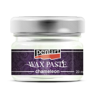 May include: A small, clear glass jar with a silver lid, containing wax paste. The jar has a label with the brand name "pentart" and the words "WAX PASTE chameleon". The label is dark purple with a floral design.