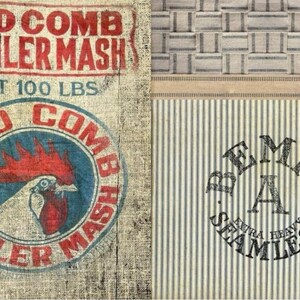May include: A vintage burlap sack with a red rooster illustration and the text "RED COMB BROILER MASH NET 100 LBS". The sack is next to a piece of fabric with a woven pattern and the text "BEMIS EXTRA HEAVY SEAMLESS".