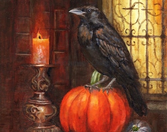 Decoupage Rice Paper ∙Teresa Rene Art  Gothic Raven- 0618 - Decoupage Queen Paper NEW Fall 2024  | Raven  | Pumpkin | Candle