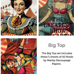 New 2025 Big top Decoupage Paper - A3 Size 16.25 x 11.25 inches.- Three Design Sheets In one package   - Made by Marley