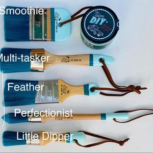 May include: An assortment of blue-bristled paint brushes with wooden handles and leather hanging loops. The brushes are labeled "Smoothie", "Multi-tasker", "Feather", "Perfectionist", and "Little Dipper". A small round container of "DIY" paint is also present.