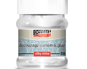 May include: A white, cylindrical bottle of Pentart decoupage varnish & glue with a white cap. The label features the text "decoupage varnish & glue" and "silky shine". The bottle contains 230 units of the product.