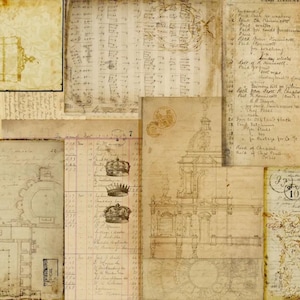 May include: A collage of aged paper documents with a vintage aesthetic. The papers feature handwritten notes, architectural sketches, and decorative elements like crowns and floral patterns. The color palette is primarily sepia tones, creating a sense of history and nostalgia.