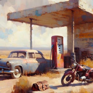 May include: An oil painting depicts a vintage gas station scene. A classic car and a red motorcycle are parked near a red gas pump. A brown leather suitcase sits on the ground. The scene is set in a desert landscape under a weathered canopy.