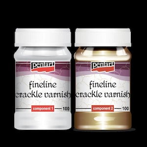 May include: Two bottles of Pentart Fine Line Crackle Varnish, one white and one gold, labeled "component 1" and "component 2" respectively. Each bottle contains 100 ml of varnish.