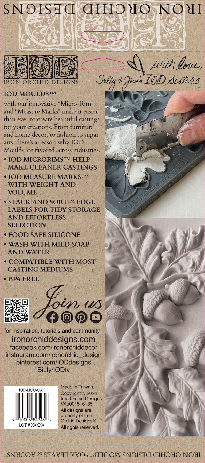 May include: A close-up of a gray silicone mold with a detailed design of oak leaves and acorns. The mold is labeled "Oak Leaves & Acorns IOD" and is part of the Iron Orchid Designs product line. The text "IOD MouldsTM" is featured on the left side of the image, along with a list of product features and benefits.