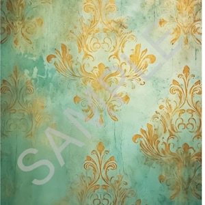 May include: A green and gold damask patterned background with a distressed, textured look.