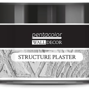 May include: A white jar with a black lid and label. The label reads "pentacolor WALL DECOR STRUCTURE PLASTER".