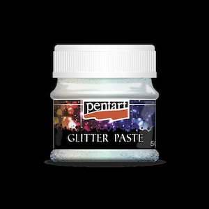 May include: A white jar of Pentart glitter paste with a black and purple galaxy design on the label. The label reads "Glitter Paste" and has a red Pentart logo.