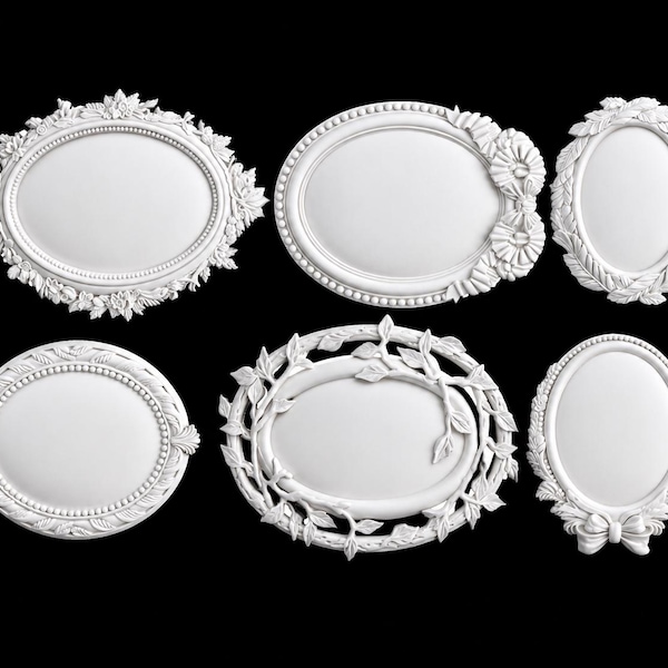 May include: A collection of six white oval-shaped picture frames with various decorative relief details including floral patterns, beaded edges, leaf motifs, and a bow accent, all featuring smooth, matte surfaces and distinct border designs.