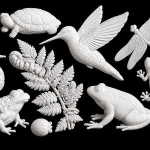 May include: A collection of white matte decorative figures featuring a snail, a turtle, a hummingbird in flight, a dragonfly, a fern frond, a small round fruit, two frogs, and a lizard, all arranged against a solid black background.