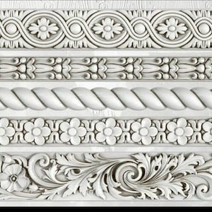 May include: Five different decorative trim designs in white, each with a different pattern. The designs include a rope pattern, a floral pattern, a pattern with circles and flowers, and a more intricate floral pattern.