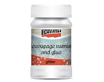 May include: A clear bottle of Pentart decoupage varnish and glue with glitter. The label features the brand name and product details in white and red against a blue and beige background. The bottle has a white cap.