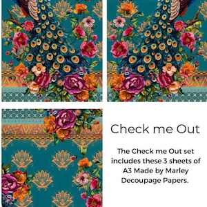New 2025 Check me out Peacock  Decoupage Paper - A3 Size 16.25 x 11.25 inches.- Three Design Sheets In one package   - Made by Marley