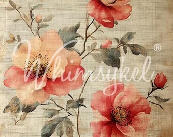May include: A watercolor painting of pink and peach flowers with green leaves on a beige background. The flowers are in bloom and have a delicate, romantic feel.