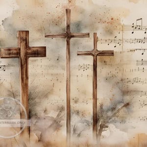 May include: Three wooden crosses are set against a background of faded sheet music. The crosses are painted in a rustic brown color and are arranged in a staggered formation. The sheet music is faded and has a vintage look.