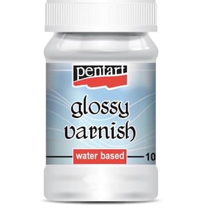 May include: A small plastic bottle of Pentart glossy varnish with a white screw-top lid. The label is light blue with white wavy lines, featuring the text Pentart, glossy varnish, and water based in red and black lettering with the number 10.