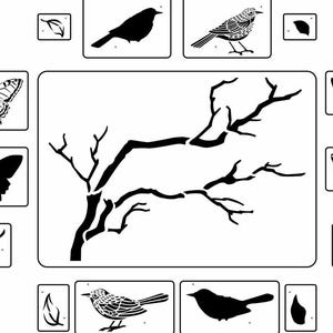 May include: Black and white stencil design featuring a tree branch with leaves, butterflies, and birds. The stencil is perfect for creating unique and decorative designs on various surfaces.