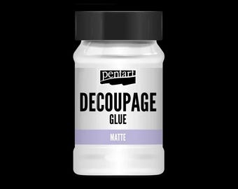 May include: A clear plastic jar of Pentart Decoupage Glue with a black screw-top lid. The label features the brand name Pentart, the text DECOUPAGE GLUE in bold black letters, and the word MATTE printed on a light purple horizontal band.