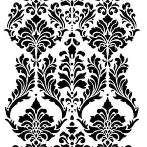 May include: Black and white damask pattern. The design features a symmetrical arrangement of floral and leaf motifs, creating a classic and elegant look. The pattern is suitable for various decorative applications.