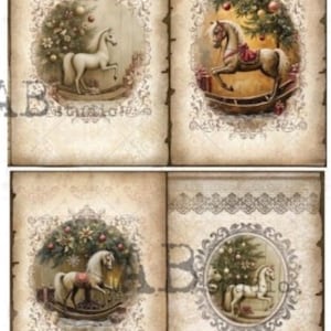 May include: A set of four vintage-style paper sheets featuring illustrations of rocking horses in oval frames. Each page displays a horse surrounded by Christmas trees, ornaments, and ornate borders on a beige, aged parchment background.