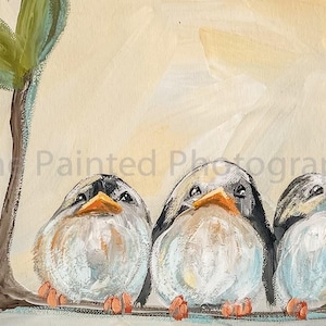 May include: Three small, white birds with black eyes and beaks are perched on a branch. The birds are painted in a whimsical style with soft, muted colors. The background is a light yellow.