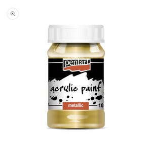 May include: A 10 ounce bottle of Pentart metallic acrylic paint. The bottle is gold with a black label that says "pentart acrylic paint metallic".
