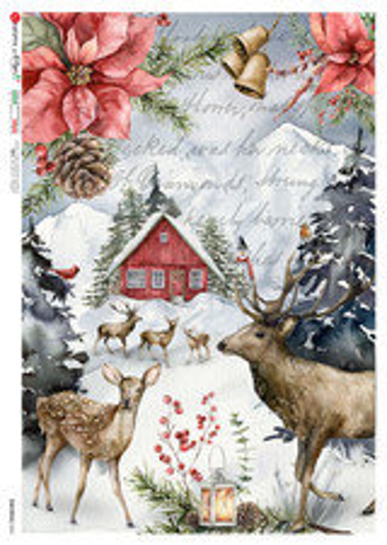 Decoupage Rice Paper Christmas Scene With House and Deer Etsy